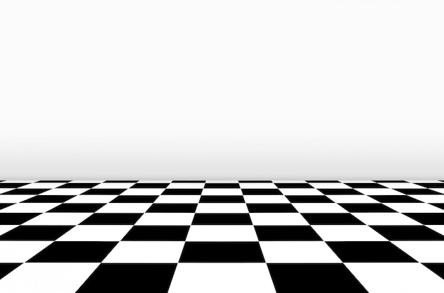 Perspektivenansicht des Schachbrettbodens mit grauem Wandhintergrund.