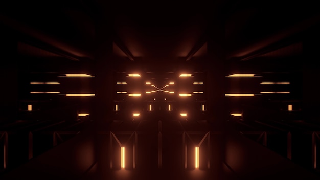 Perspektivische 3D-Darstellung des symmetrischen abstrakten Korridors mit leuchtenden gelben Neonlichtern auf dunklem Hintergrund