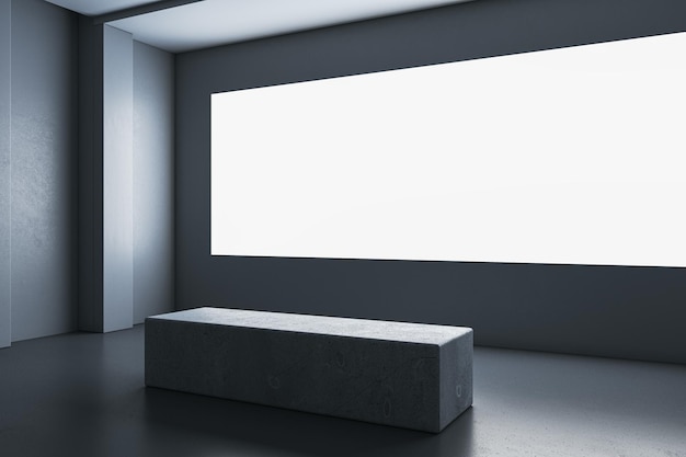 Perspektivische Ansicht auf einem leeren, weiß beleuchteten Bildschirm mit Platz für Ihren Werbetext oder Ihr Logo in einer abstrakten Ausstellungshalle mit dunklem Wandhintergrund und Bank auf Betonboden, 3D-Rendering-Attrappe