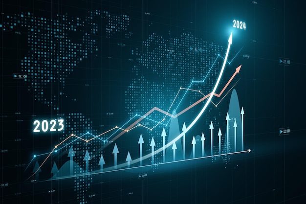 Perspektivische Ansicht eines modernen wachsenden Finanzdiagramms mit steigendem Aufwärtspfeil auf dunkelgrünem Hintergrund mit Weltkarte, Währung und Börsenkonzept, 3D-Rendering
