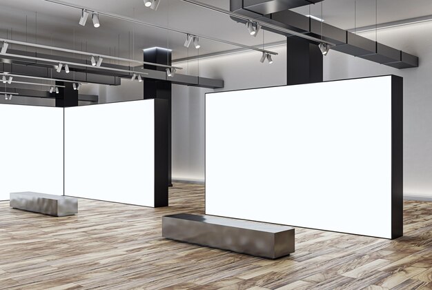 Perspektivischer Blick auf leere weiße Trennwände mit Platz für Werbeplakate oder Kampagnen in einem stilvollen Galeriesaal mit Metallbänken auf Holzboden und grauem Wandhintergrund. 3D-Rendering-Attrappe