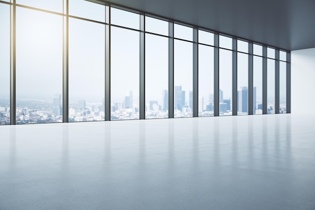 Perspektivischer Blick auf sonnige, geräumige, leere Halle mit sonnigem Blick auf die Stadt von der Glaswand und leerem, glänzendem Betonboden 3D-Rendering-Mock-up