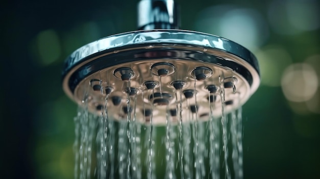 Perto da cabeça do chuveiro de chuva em água fresca de verão