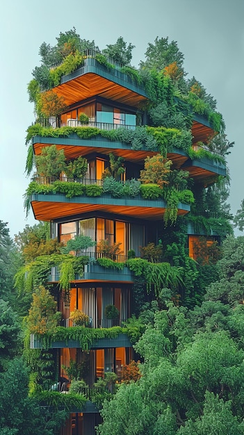 Perto das árvores está uma estrutura residencial contemporânea Ecologia urbana e estilo de vida verde