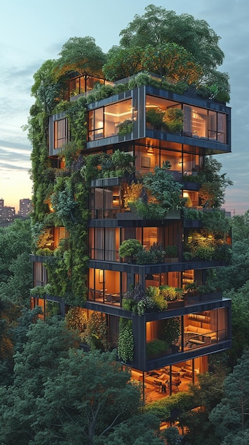 Perto das árvores está uma estrutura residencial contemporânea Ecologia urbana e estilo de vida verde