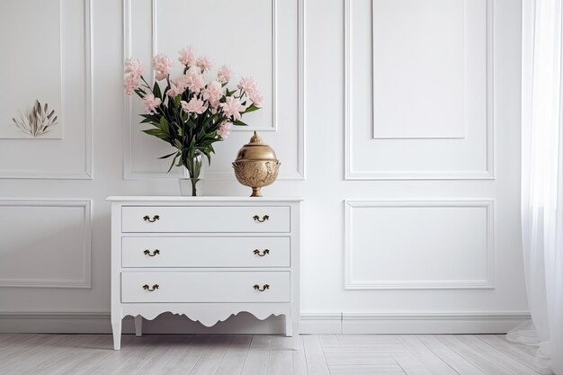 Perto das salas, na parede branca, uma gaveta tem um vaso de flores de jacinto e uma moldura de foto em branco.