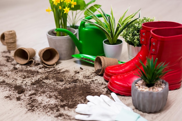 Perto de ferramentas de jardinagem e flores em vasos no fundo da mesa de madeira