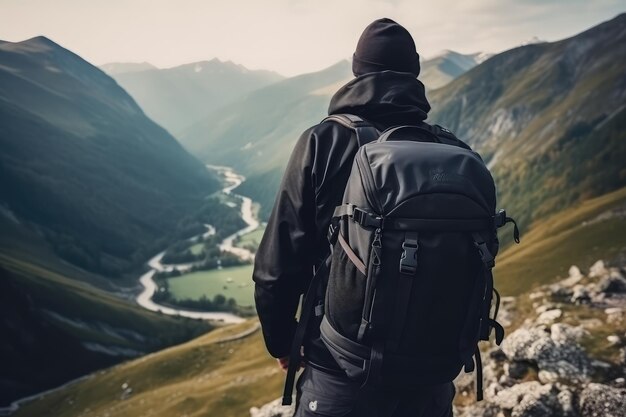 perto de trás de turista com mochila em belas montanhas AI