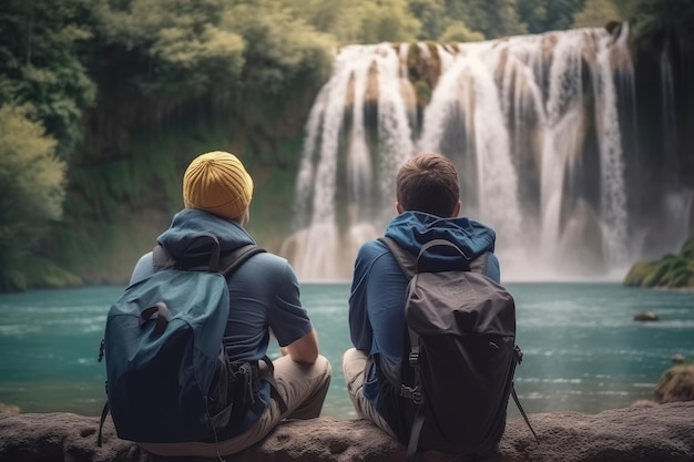 perto de trás de um grupo de jovens turistas sentados com uma mochila AI