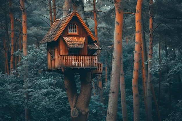 perto de uma casa de madeira no topo de uma árvore alta no topo de árvores em uma