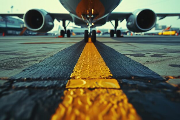 Foto perto de uma linha amarela no chão com um avião de pé sobre ele