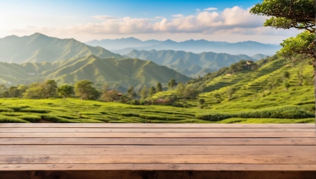 perto de uma mesa de madeira vazia com fundo borrado de um jardim de chá na montanha