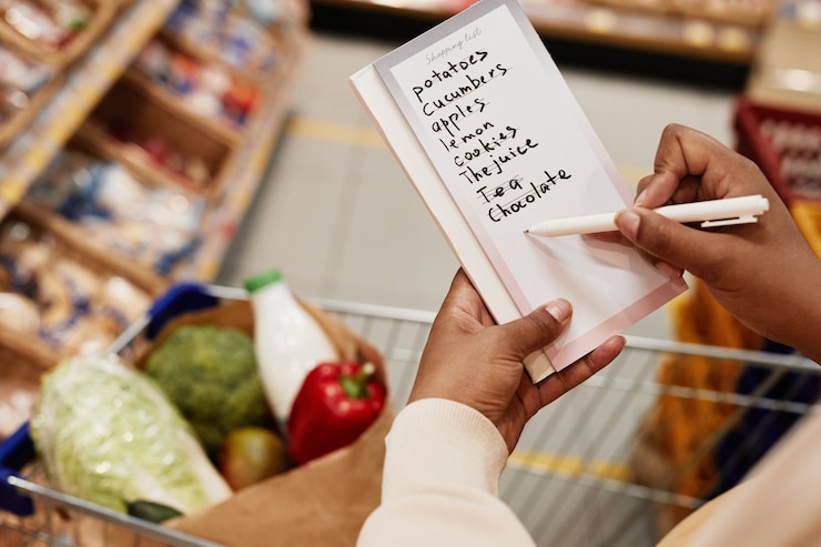 Foto perto de uma mulher afro-americana irreconhecível, segurando a lista de compras enquanto compra comida no supermercado, copie o espaço