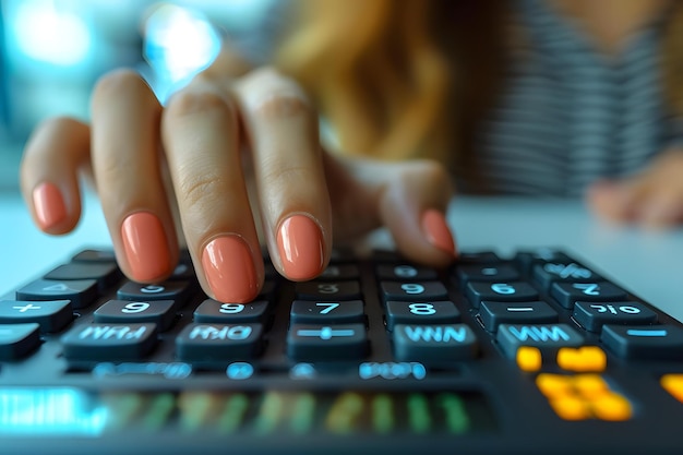 Foto perto do dedo da mão pressione a calculadora para calcular o conceito de mulher trabalhadora