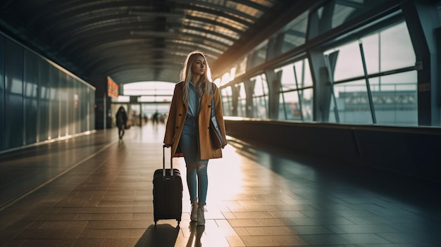 Perto do terminal do aeroporto, uma viajante é vista carregando bagagem Generative AI