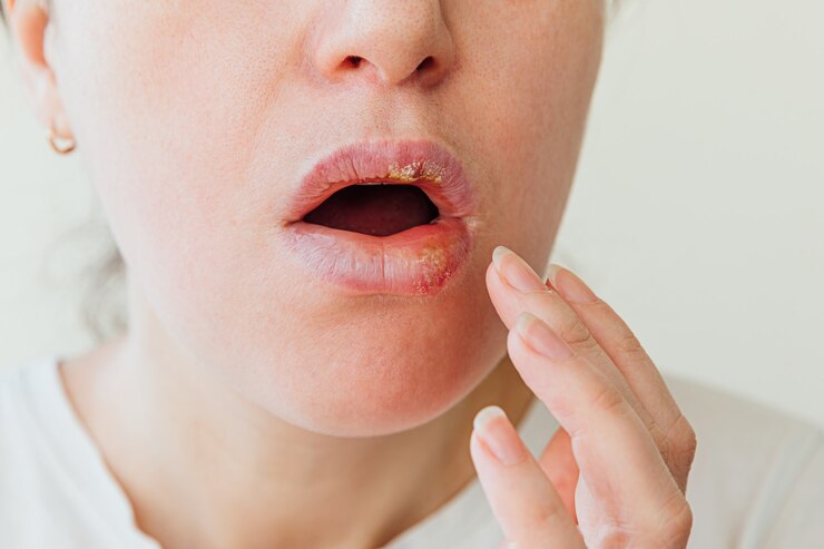 Foto perto dos lábios da garota afetados pelo herpes. tratamento da infecção e do vírus do herpes.