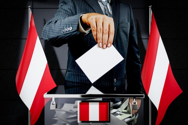 Perú banderas mano cayendo tarjeta de votación elección concepto 3D ilustración