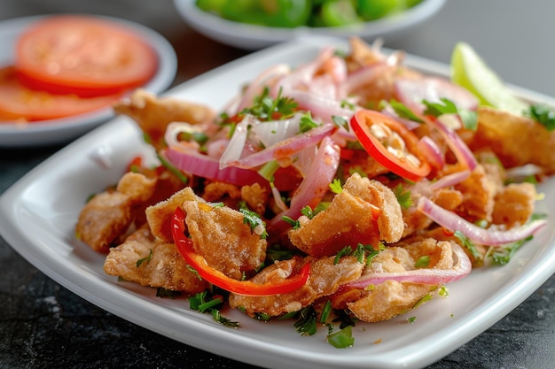 Peruanisches Gericht mit Fischkracklings, Manassa und Chili-Salat