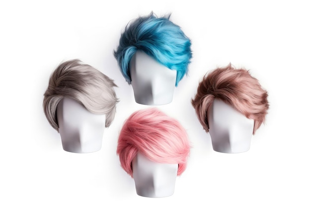 Peruca de cabelo sobre a cabeça do manequim de plástico isolada sobre o fundo branco modelo com penteados contemporâneos de homens Ilustração de IA generativa