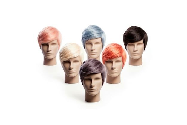 Peruca de cabelo sobre a cabeça do manequim de plástico isolada sobre o fundo branco modelo com penteados contemporâneos de homens Ilustração de IA generativa