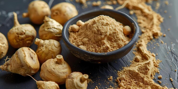 Foto peruvian maca root powder superfood para saúde e suporte à fertilidade conceito superfood benefícios de origem peruana aumentar a saúde suporte á fertilidade potência nutricional