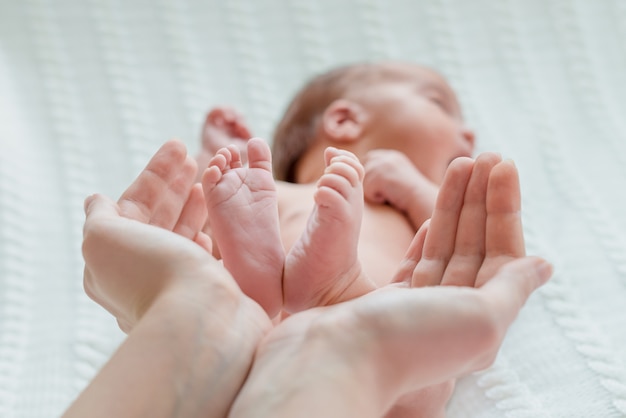 Foto pés de bebê nas mãos da mãe