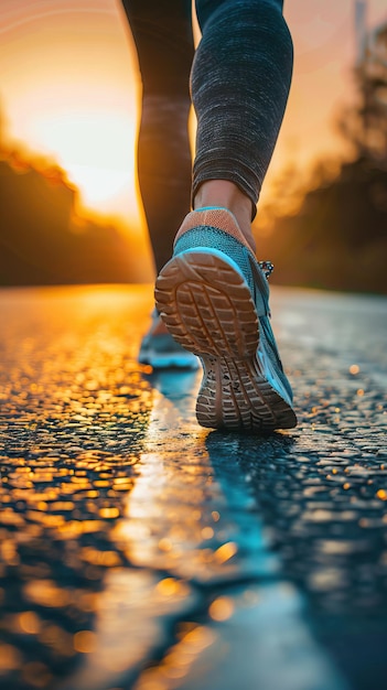 Pés de corredor correndo na estrada em close-up no sapato mulher fitness nascer do sol jog workout bem-estar conceito ilustração gerada por IA