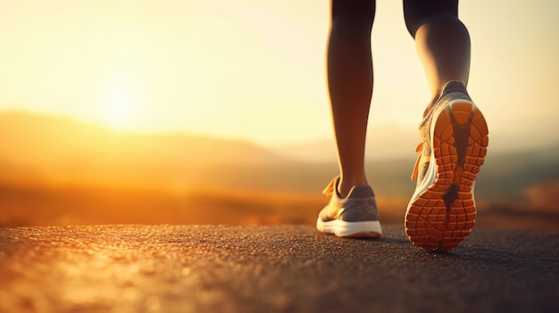 Pés de corredor correndo na estrada em close-up no sapato mulher fitness nascer do sol jog workout conceito de bem-estar