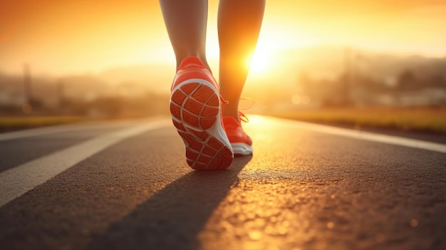 Pés de corredor correndo na estrada em close-up no sapato mulher fitness nascer do sol jog workout conceito de bem-estar