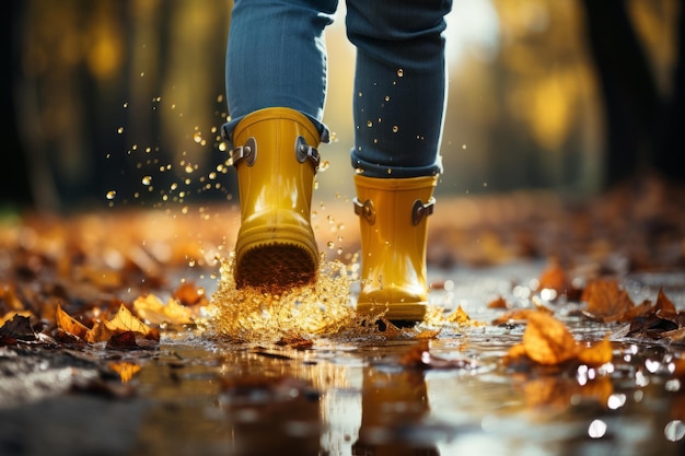 Foto pés de criança em botas de borracha amarelas saltando sobre poças na chuva generativa ai