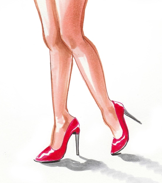 Pés de mulheres bonitas em sapatos de salto alto vermelho. Desenho a tinta e aguarela