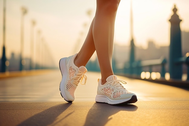 pés de mulheres em tênis esportivos durante uma corrida matinal ao amanhecer