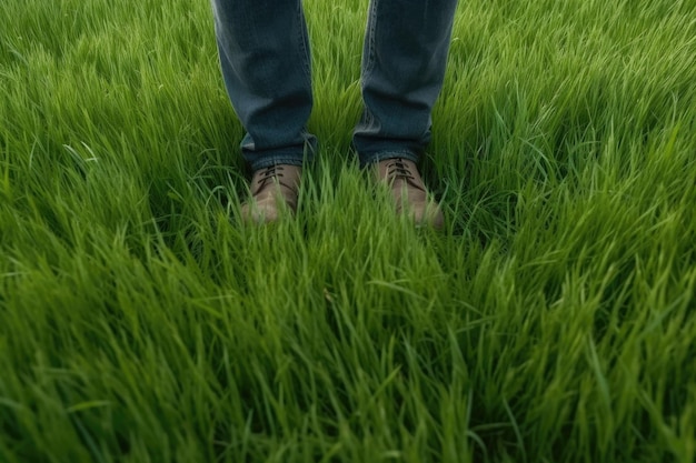 Pés de um homem em pé sobre um campo de grama verde com copyspace
