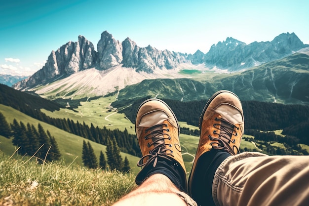 Pés de um homem sentado no topo de uma montanha gramada com uma bela vista de uma montanha rochosa