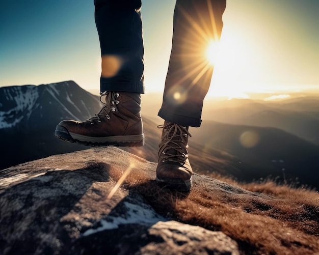 Pés do turista caminhando nas montanhas em dia ensolarado Botas militares marrons com cadarços no alpinista Close up Generative AI