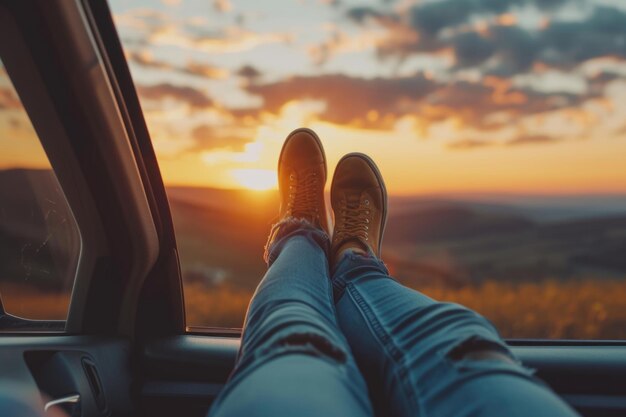 Foto pés em sapatos casuais no painel do carro durante o pôr do sol