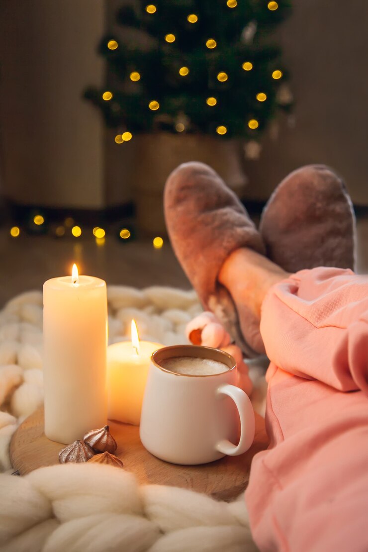 Pés femininos em chinelos de pele, xícara de cappuccino, velas em manta de lã grossa e árvore de Natal com luzes. A atmosfera de simplicidade e conforto