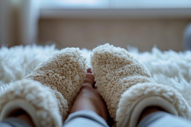 Pés femininos em chinelos macios e carinhosos Roupas e sapatos para o lar chinelos quentes para o tempo frio