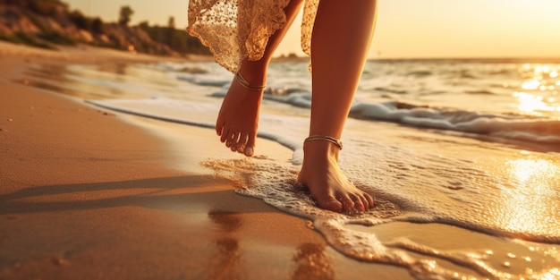 pés femininos na areia na praia IA generativa