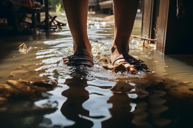 Foto pés submersos em inundações um exame atento