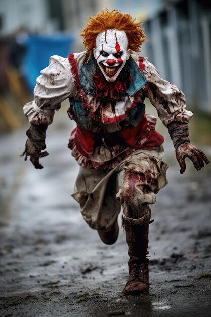 La pesadilla del carnaval el payaso zombi corriendo hacia el espectador en una escena horrible