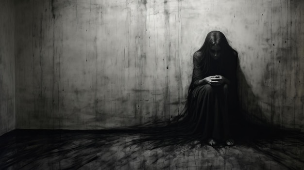 Foto pesadilla desintegrada una chica sombría en una habitación oscura y misteriosa