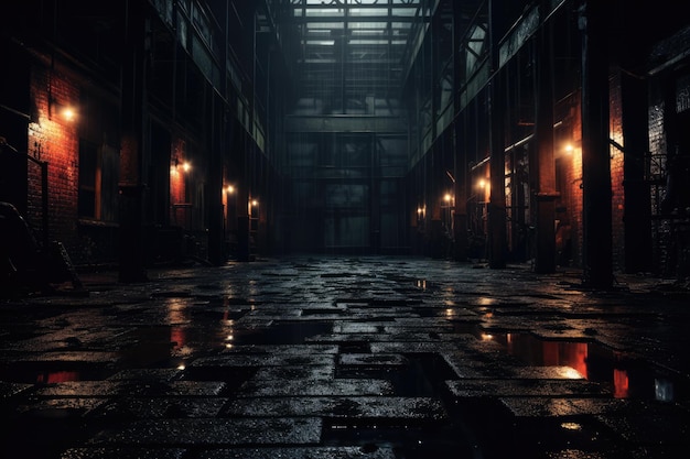 Pesadilla industrial abandonada Fábrica oscura Almacén Callejón por la noche