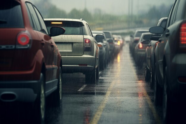 Pesado engarrafamento e gotas de chuva na rodovia em um dia chuvoso Gerado por IA