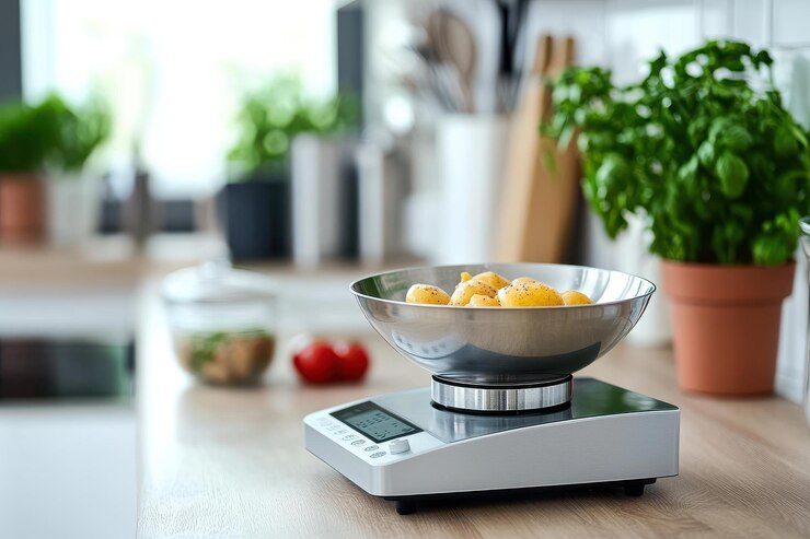 Foto pesagem de batatas frescas em uma cozinha moderna em uma balança digital durante a preparação da refeição