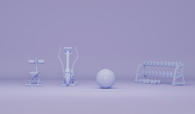 Pesas de pelota de fitness y bicicleta de ejercicio Escena de colores pastel púrpura y azul Moderno render 3d