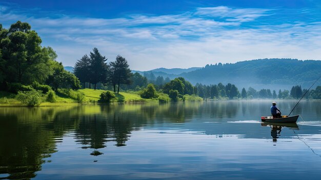 Foto pesca con carretes en el lago