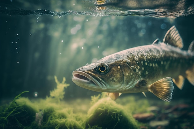 Pesca Closeup fechado de um peixe zander debaixo d'água Ilustração AI Generative
