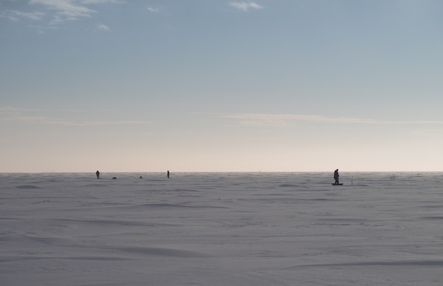 Pesca de inverno no mar congelado. Vários pescadores