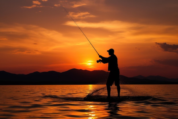 Pesca de silhueta ao pôr-do-sol